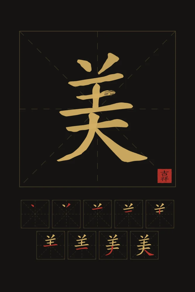 Beauté et son ordre des traits, encre d’or : 美 (měi), Beauté