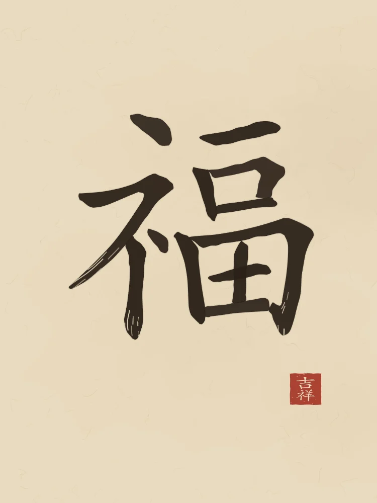 Bonheur à l'encre, sable ocre : 福 (fú), Bonheur, bonne fortune