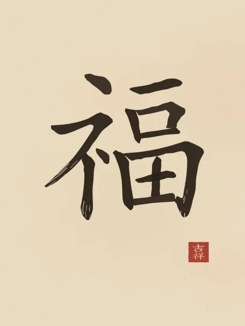 Bonheur à l'encre, sable ocre, tableau caractère chinois bonheur