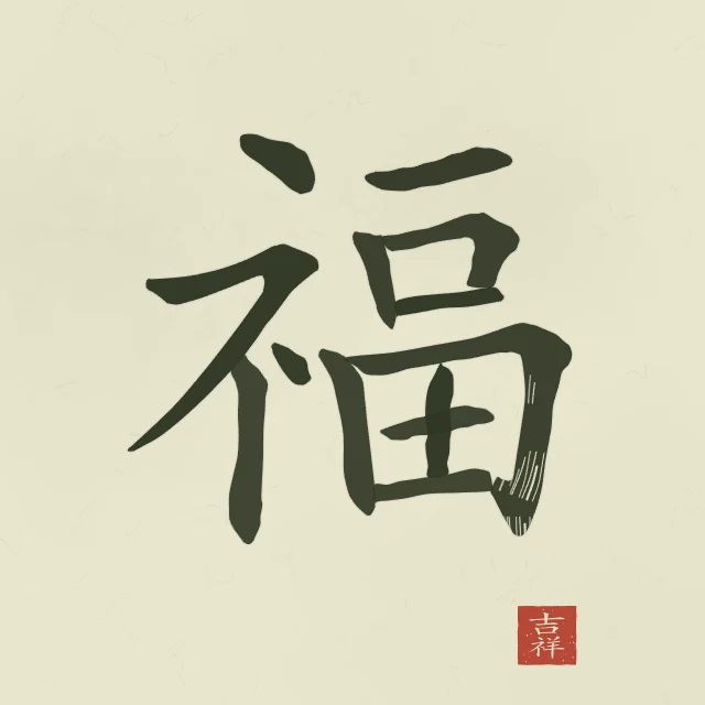 Bonheur à l'encre, thé vert, tableau caractère chinois bonheur