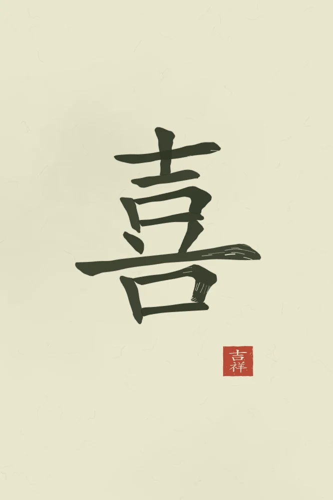 Joie (bonheur) à l'encre, thé vert : 喜 (xǐ), Joie, bonheur