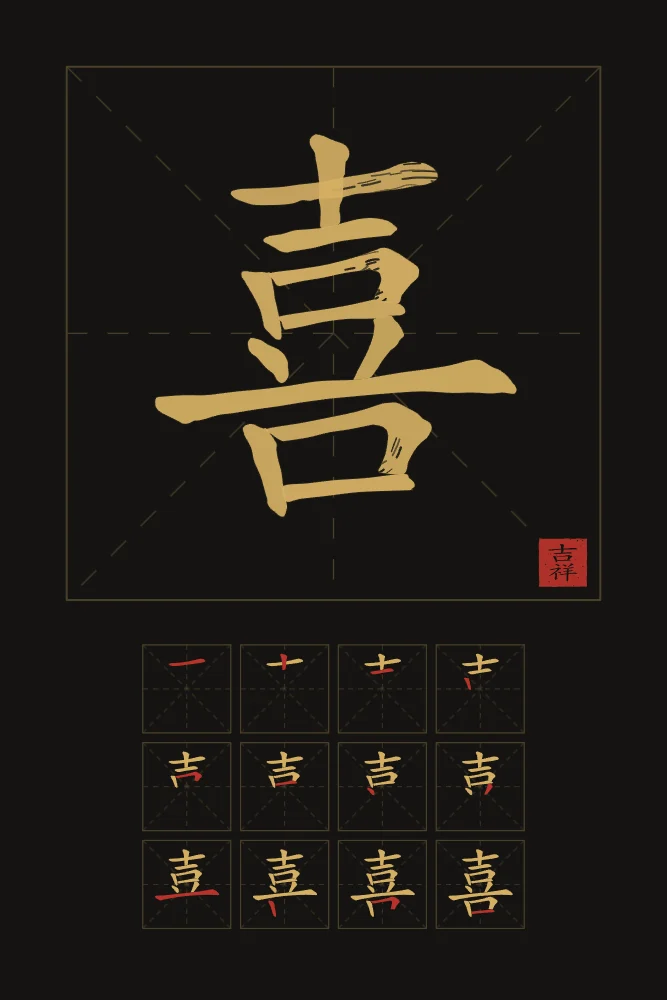 Joie (bonheur) et son ordre des traits, encre d’or : 喜 (xǐ), Joie, bonheur