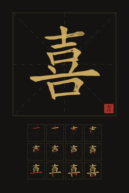 Joie (bonheur) et son ordre des traits, encre d’or, tableau caractère chinois bonheur joie