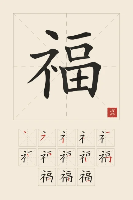 Bonheur et son ordre des traits, papier xuan, tableau caractère chinois bonheur