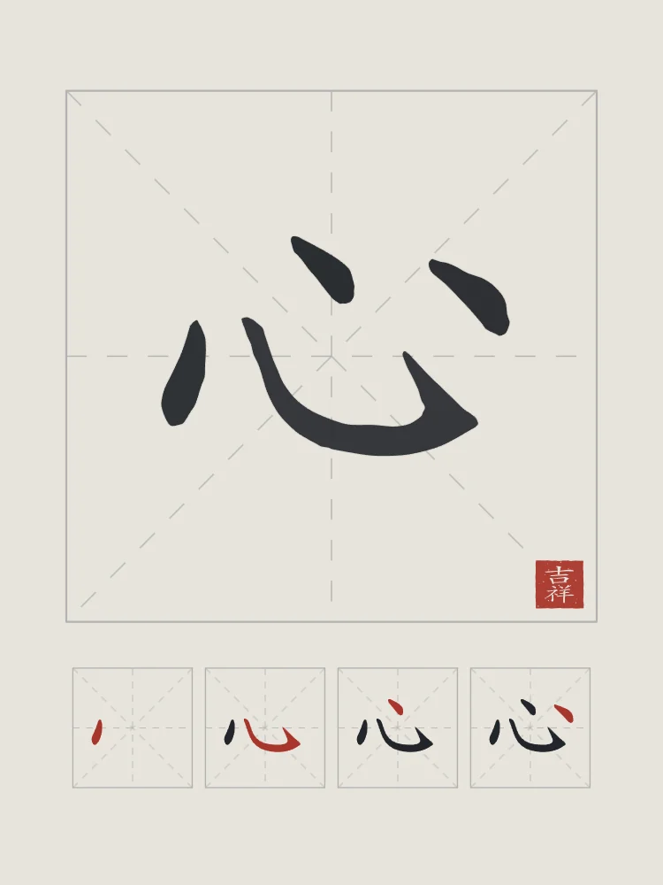 Cœur et son ordre des traits, riz gris : 心 (xīn), Cœur, esprit