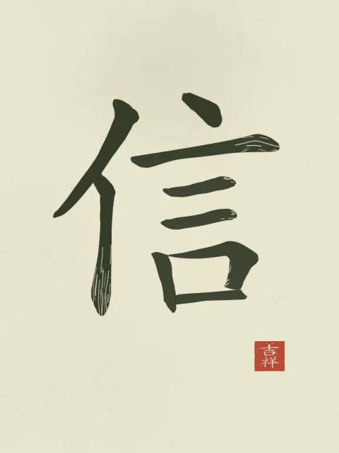 Confiance à l'encre, thé vert, tableau caractère chinois confiance