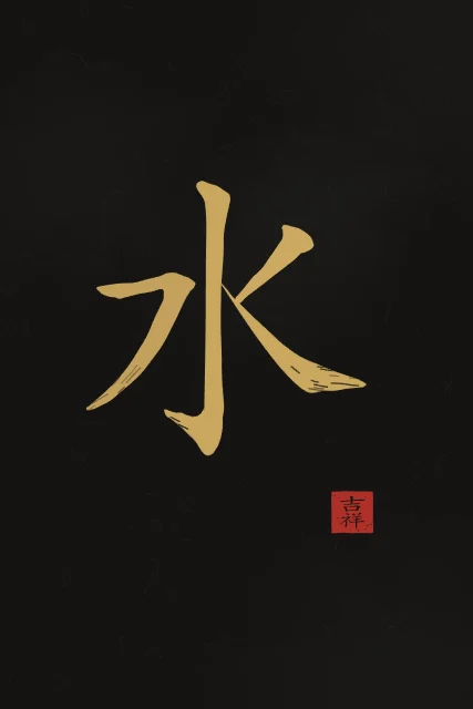 Eau à l'encre, encre d’or, tableau caractère chinois eau