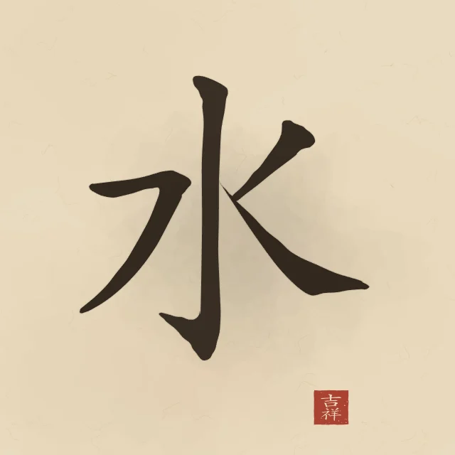 Eau à l'encre, sable ocre, tableau caractère chinois eau