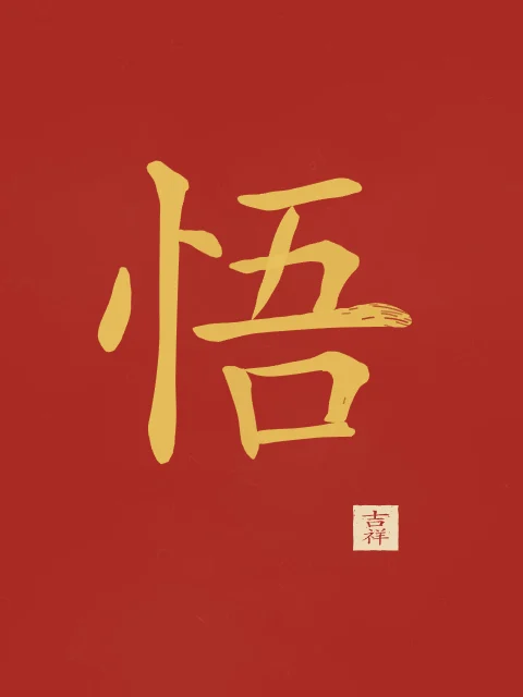 Éveil à l'encre, laque rouge, tableau caractère chinois éveil