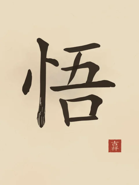 Éveil à l'encre, sable ocre, tableau caractère chinois éveil