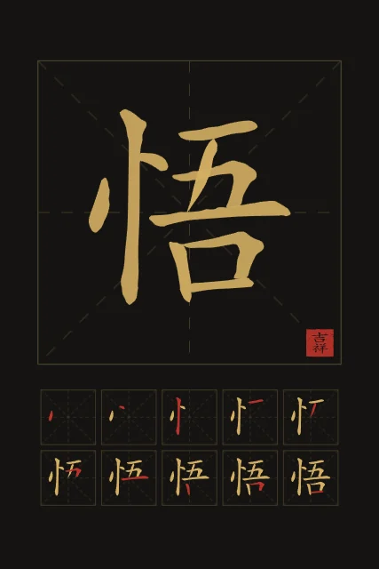 Éveil et son ordre des traits, encre d’or, tableau caractère chinois éveil