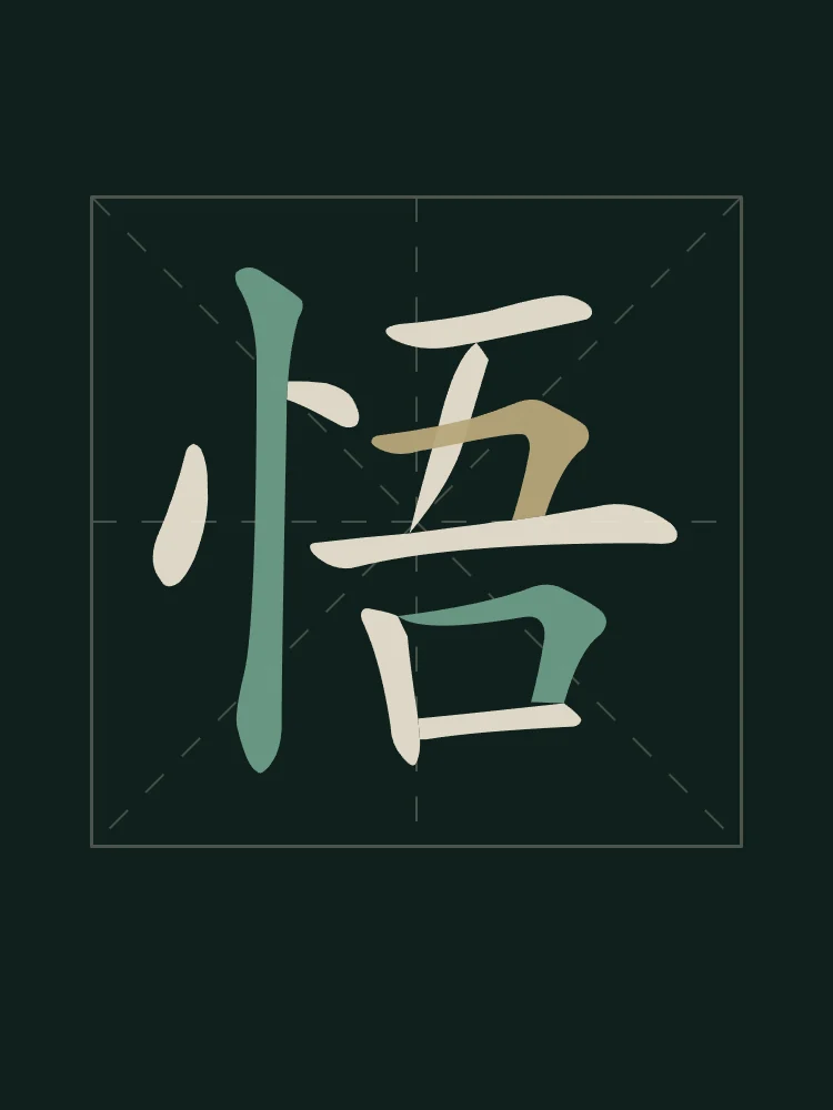 Éveil en aplats, nuit de jade : 悟 (wù), Éveil, compréhension soudaine