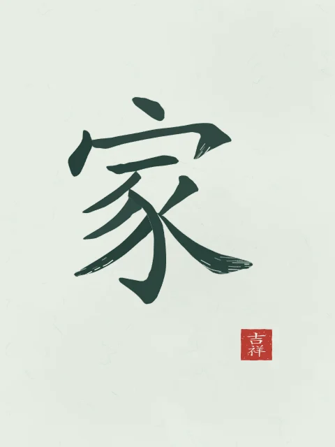 Famille à l'encre, jade, tableau caractère chinois famille