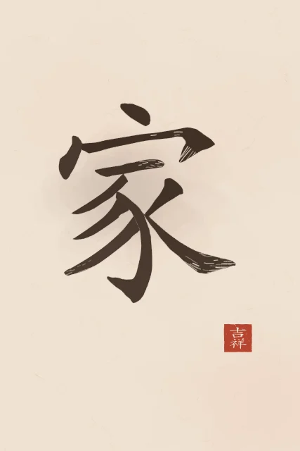 Famille à l'encre, terre cuite, tableau caractère chinois famille