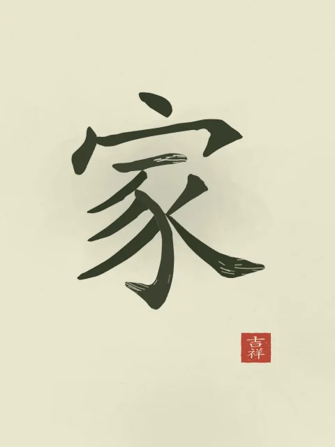 Famille à l'encre, thé vert, tableau caractère chinois famille