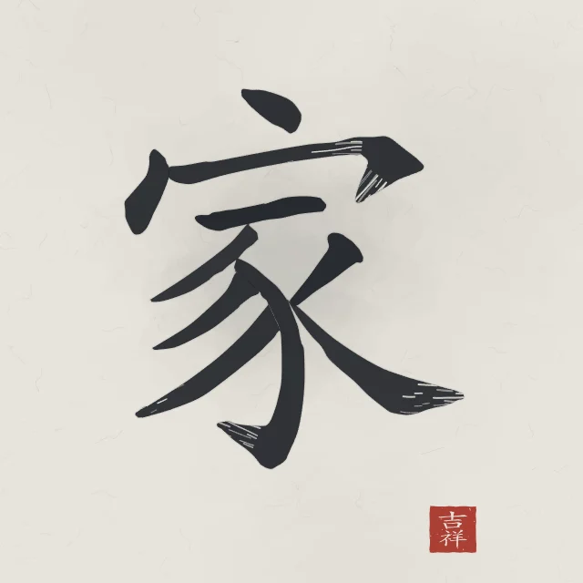 Famille à l'encre, riz gris, tableau caractère chinois famille
