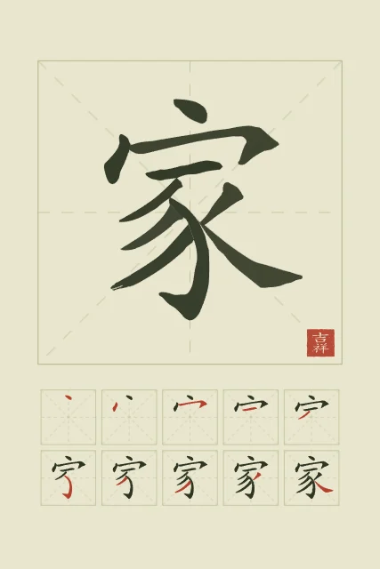 Famille et son ordre des traits, thé vert, tableau caractère chinois famille