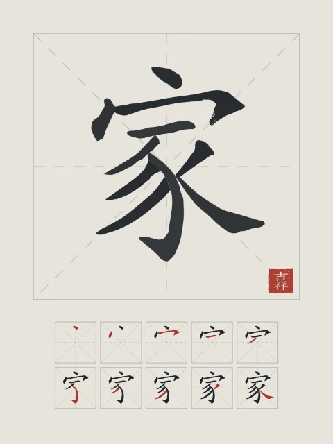 Famille et son ordre des traits, riz gris, tableau caractère chinois famille