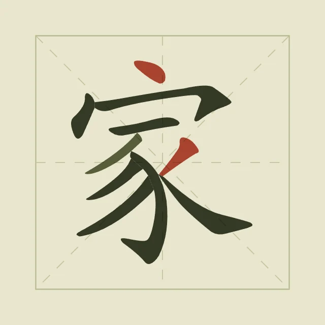 Famille en aplats, thé vert, tableau caractère chinois famille