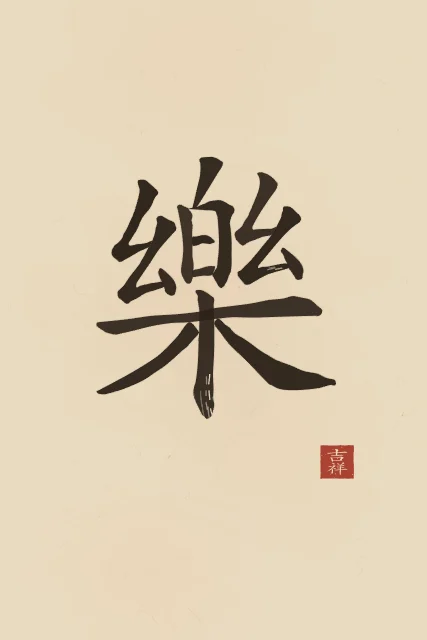Joie à l'encre, sable ocre, tableau caractère chinois joie