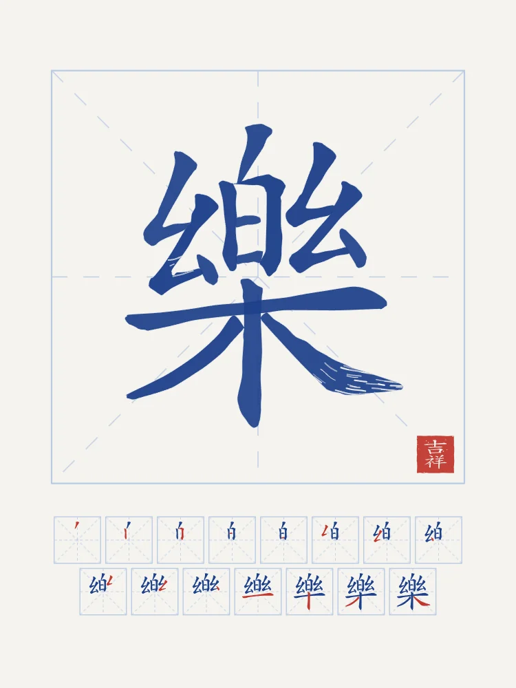 Joie et son ordre des traits, porcelaine bleue : 樂 (lè), Joie