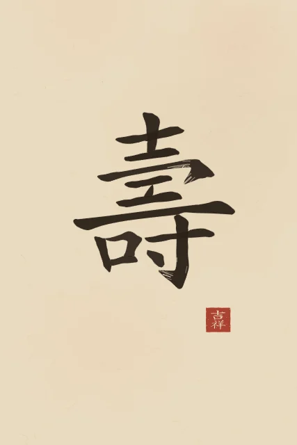 Longévité à l'encre, sable ocre, tableau caractère chinois longévité