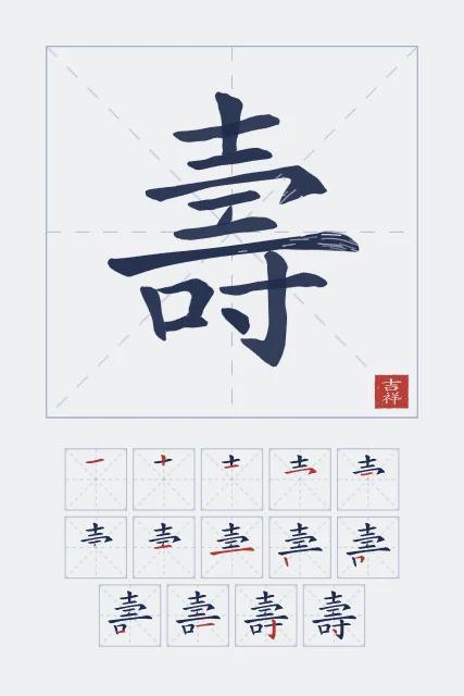 Longévité et son ordre des traits, indigo, tableau caractère chinois longévité