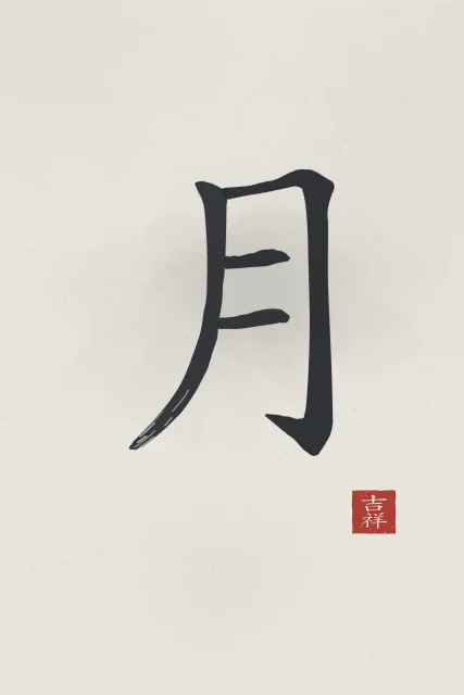 Lune à l'encre, riz gris, tableau caractère chinois lune