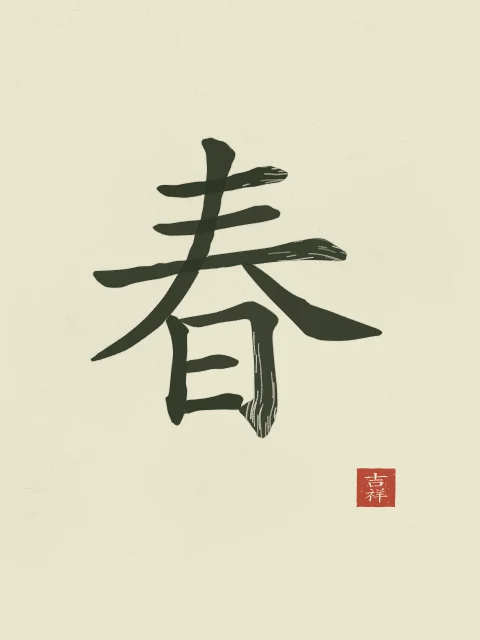 Printemps à l'encre, thé vert, tableau caractère chinois printemps