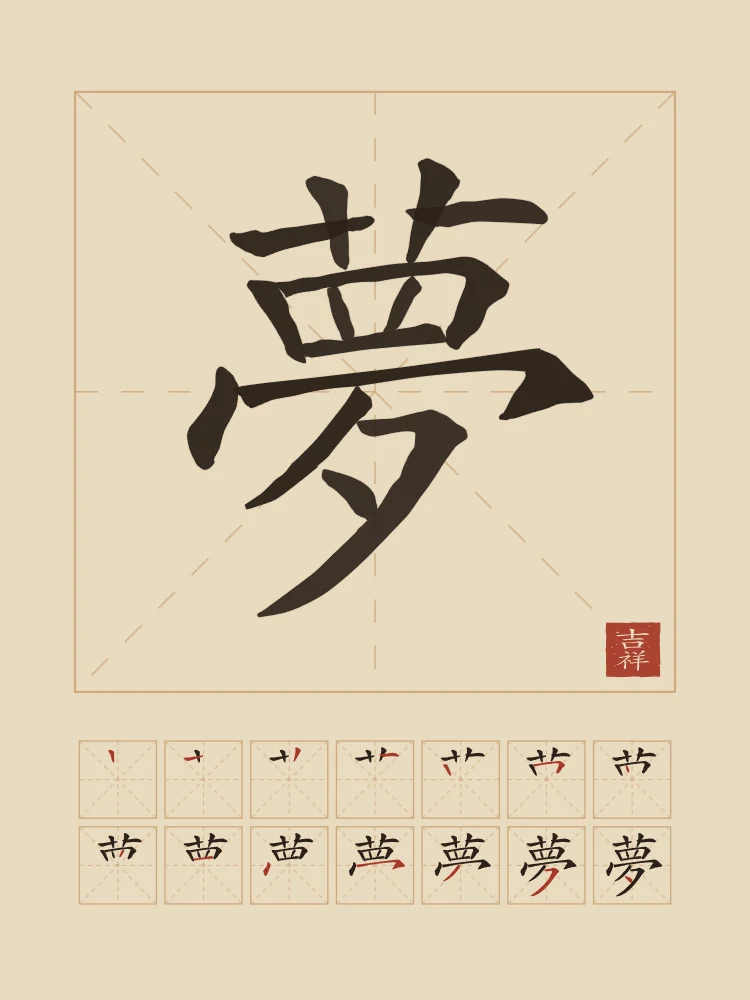 Rêve et son ordre des traits, sable ocre : 夢 (mèng), Rêve