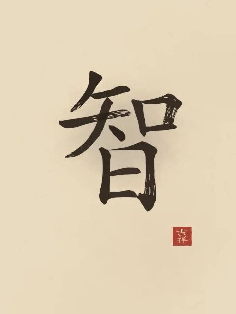 Sagesse à l'encre, sable ocre, tableau caractère chinois sagesse
