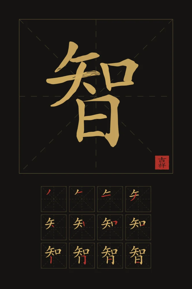 Sagesse et son ordre des traits, encre d’or : 智 (zhì), Sagesse