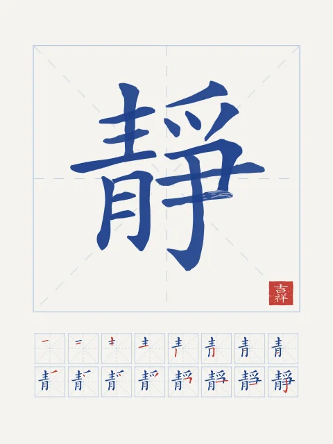 Sérénité et son ordre des traits, porcelaine bleue, tableau caractère chinois sérénité