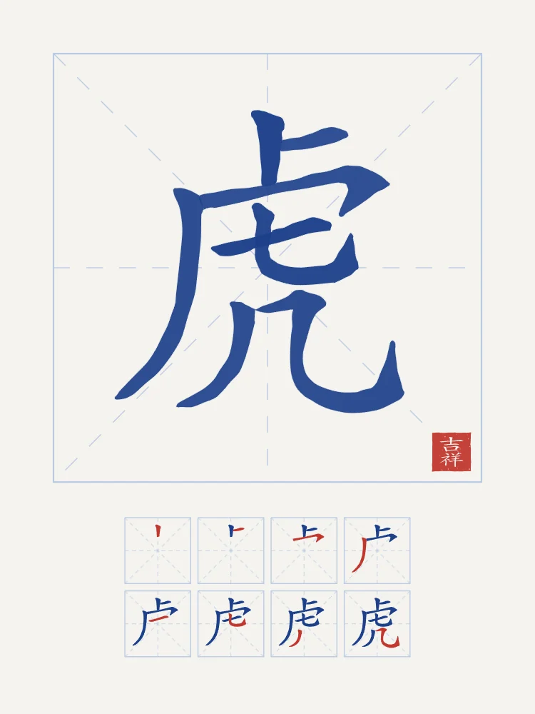 Tigre et son ordre des traits, porcelaine bleue : 虎 (hǔ), Tigre