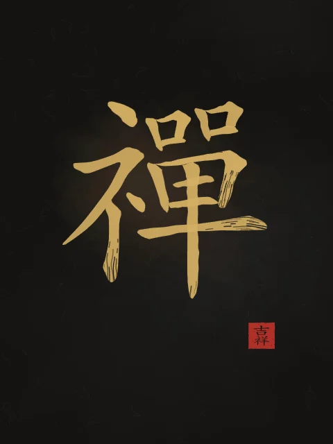 Zen à l'encre, encre d’or, tableau caractère chinois zen