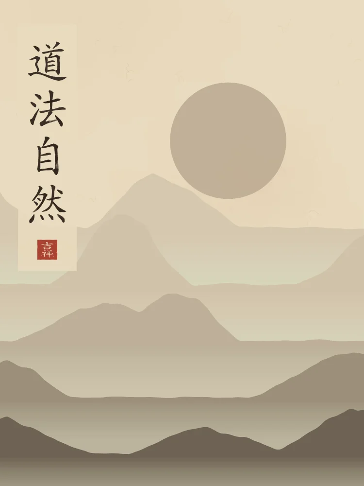 La Voie suit la nature sous la lune, sable ocre : 道法自然 (dào fǎ zì rán), La Voie suit ce qui est de soi-même