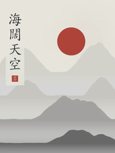 Mer immense, ciel sans limite sous la lune, riz gris, tableau calligraphie chinoise mer immense et ciel sans limite