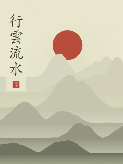Nuages et eau qui coule sous la lune, thé vert, tableau calligraphie chinoise nuages et eau qui coule