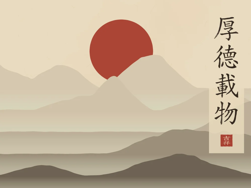 Une vertu profonde sous la lune, sable ocre : 厚德載物 (hòu dé zài wù), Une vertu profonde porte toute chose