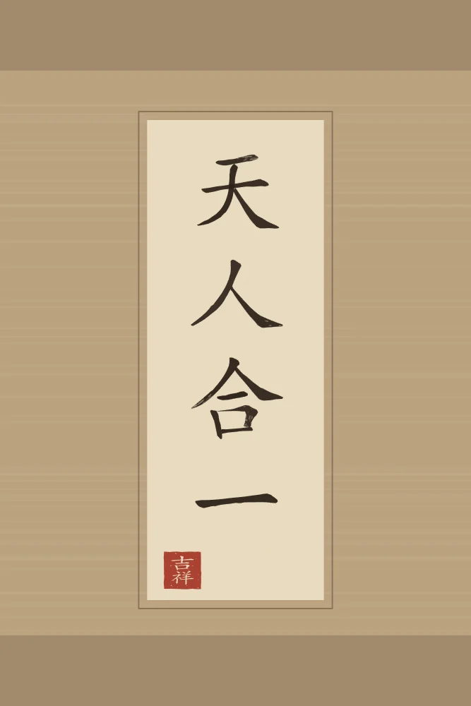 Unité du ciel et de l’homme en rouleau, sable ocre : 天人合一 (tiān rén hé yī), L’unité du ciel et de l’homme