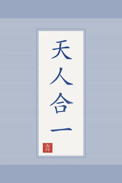 Unité du ciel et de l’homme en rouleau, porcelaine bleue, tableau calligraphie chinoise unité du ciel et de l’homme