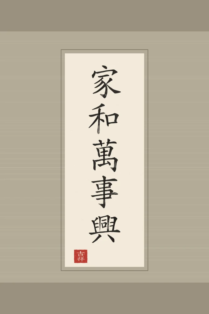 Famille en harmonie en rouleau, papier xuan : 家和萬事興 (jiā hé wàn shì xīng), Famille en harmonie, tout prospère