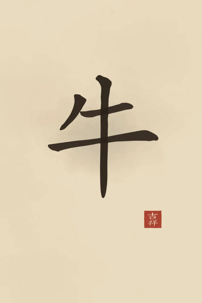 Signe du Buffle à l'encre, sable ocre : 牛 (niú), Buffle
