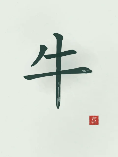 Signe du Buffle à l'encre, jade, tableau signe chinois buffle