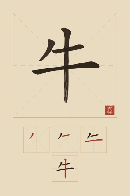 Signe du Buffle et son ordre des traits, sable ocre, tableau signe chinois buffle