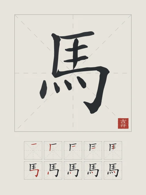 Signe du Cheval et son ordre des traits, riz gris, tableau signe chinois cheval