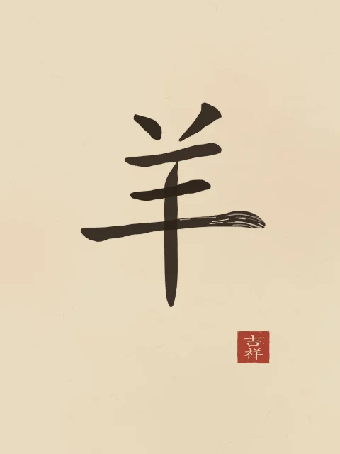 Signe de la Chèvre à l'encre, sable ocre, tableau signe chinois chèvre