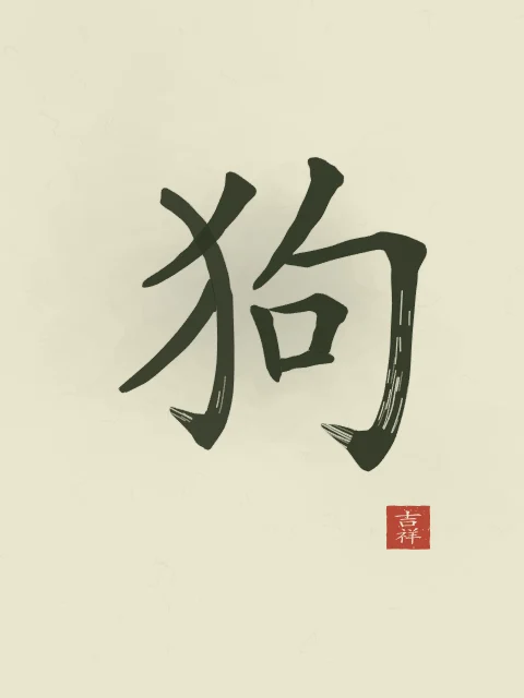 Signe du Chien à l'encre, thé vert, tableau signe chinois chien
