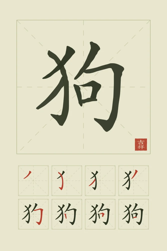 Signe du Chien et son ordre des traits, thé vert : 狗 (gǒu), Chien