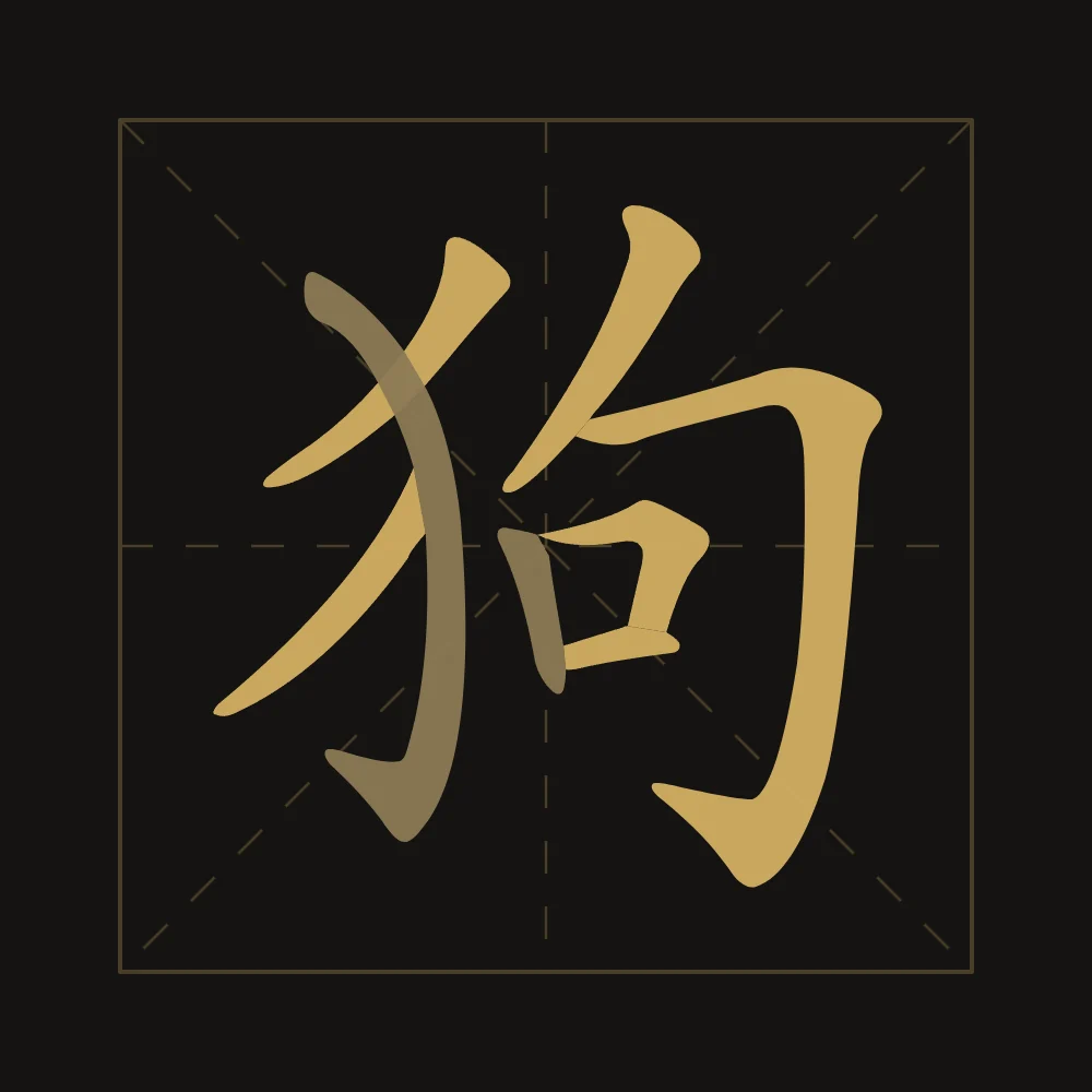 Signe du Chien en aplats, encre d’or : 狗 (gǒu), Chien